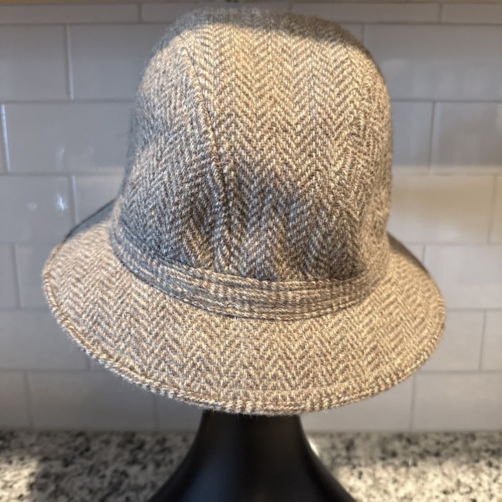 Vintage London Fog Bucket Hat Wool Herringbone Brown Mens Size L Safari Fedora